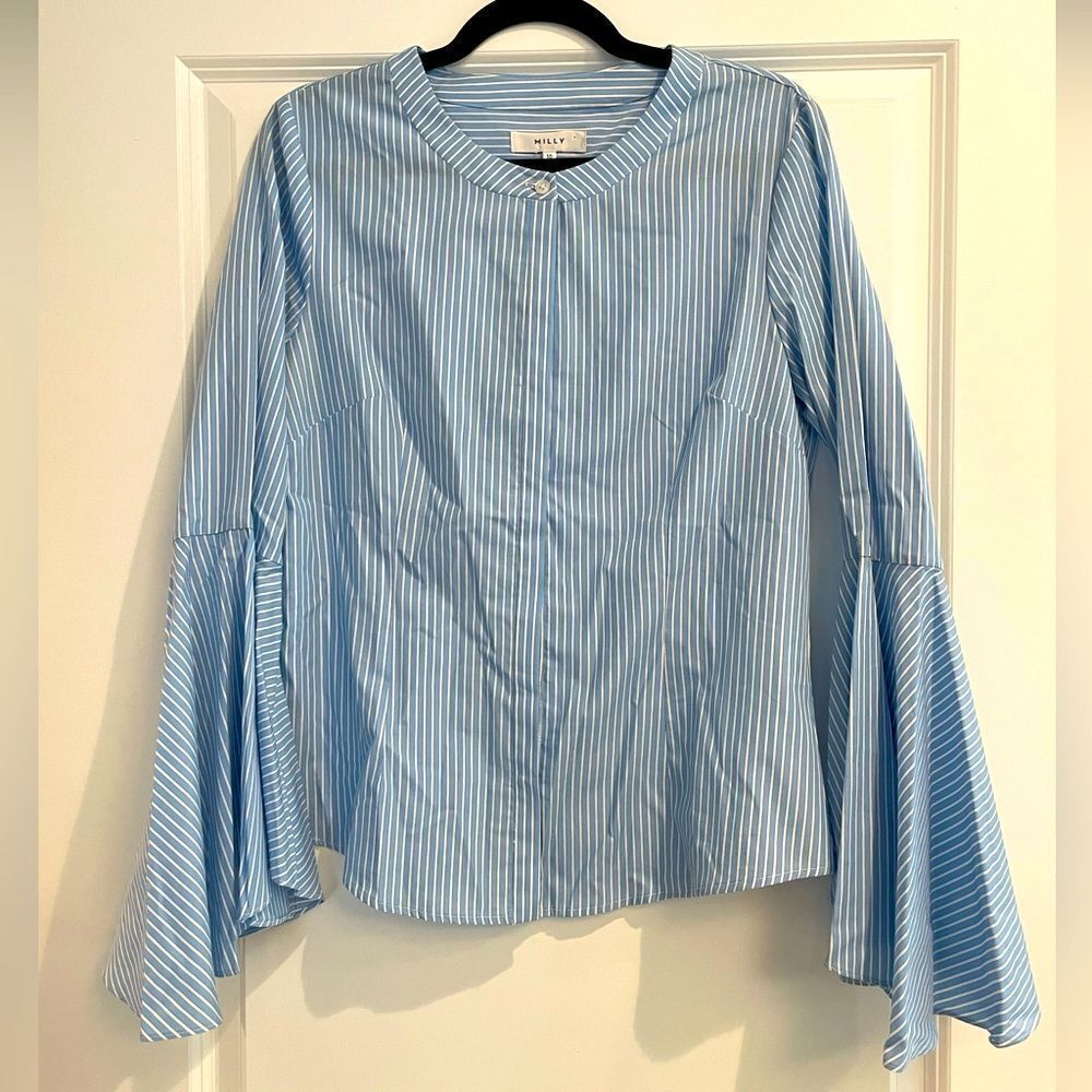 EUC Milly 100% Cotton Top with Flared Sleeves Blue Striped Sz. 10